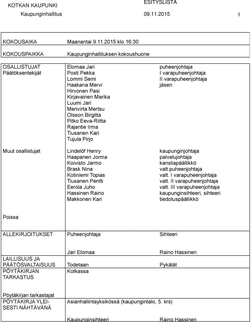 jäsen Hirvonen Pasi Kirjavainen Marika Luumi Jari Merivirta Mertsu Olsson Birgitta Pitko Eeva-Riitta Rajantie Irma Tiusanen Kari Tujula Pirjo Muut osallistujat Lindelöf Henry kaupunginjohtaja