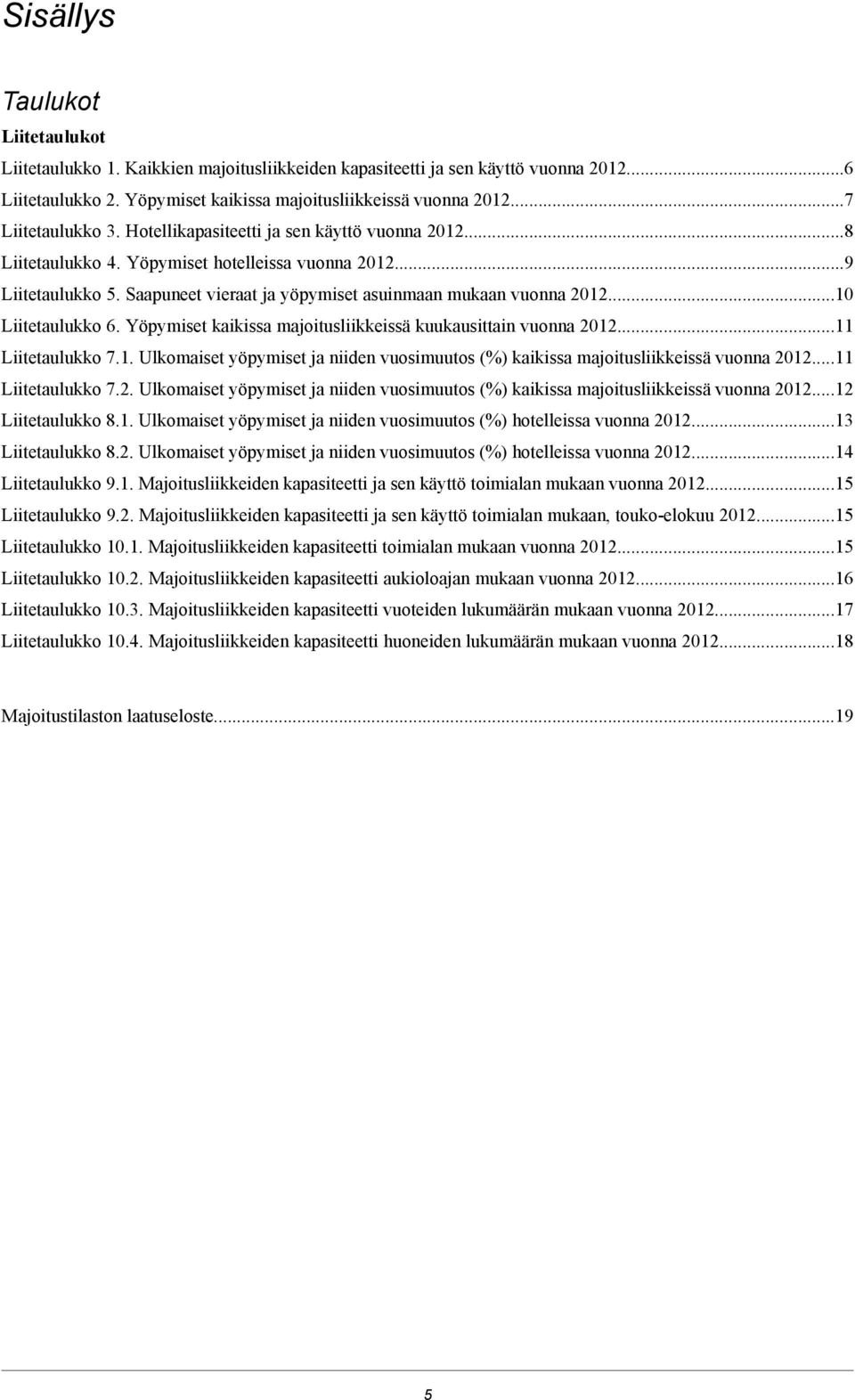 Saapuneet vieraat ja yöpymiset asuinmaan mukaan vuonna 2012...10 Liitetaulukko 6. Yöpymiset kaikissa majoitusliikkeissä kuukausittain vuonna 2012...11 Liitetaulukko 7.1. Ulkomaiset yöpymiset ja niiden vuosimuutos (%) kaikissa majoitusliikkeissä vuonna 2012.