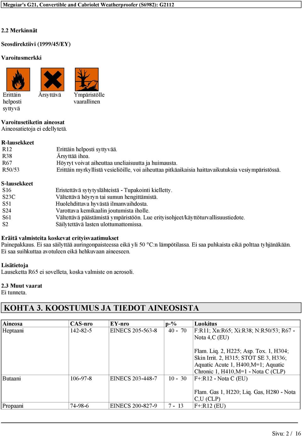 S-lausekkeet S16 S23C S51 S24 S61 S2 Eristettävä sytytyslähteistä - Tupakointi kielletty. Vältettävä höyryn tai sumun hengittämistä. Huolehdittava hyvästä ilmanvaihdosta.