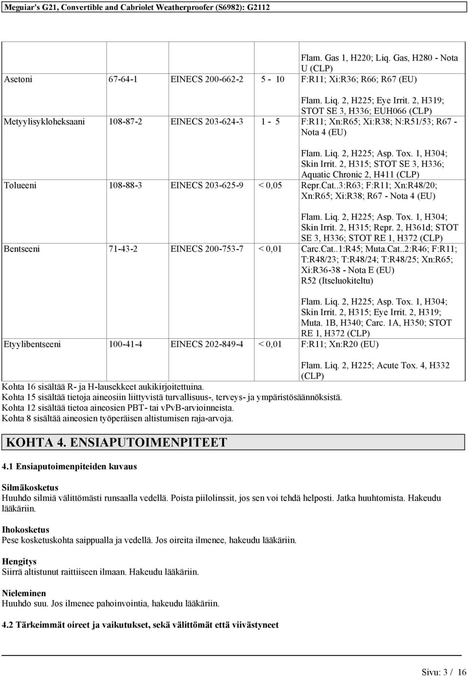 2, H315; STOT SE 3, H336; Aquatic Chronic 2, H411 (CLP) Tolueeni 108-88-3 EINECS 203-625-9 < 0,05 Repr.Cat..3:R63; F:R11; Xn:R48/20; Xn:R65; Xi:R38; R67 - Nota 4 (EU) Flam. Liq. 2, H225; Asp. Tox.