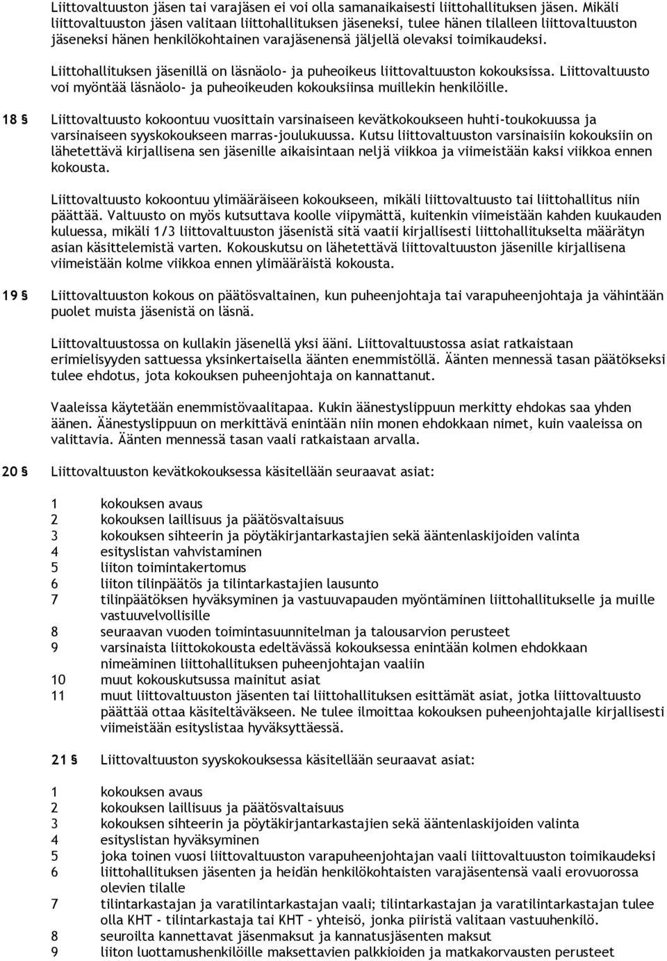 Liittohallituksen jäsenillä on läsnäolo- ja puheoikeus liittovaltuuston kokouksissa. Liittovaltuusto voi myöntää läsnäolo- ja puheoikeuden kokouksiinsa muillekin henkilöille.