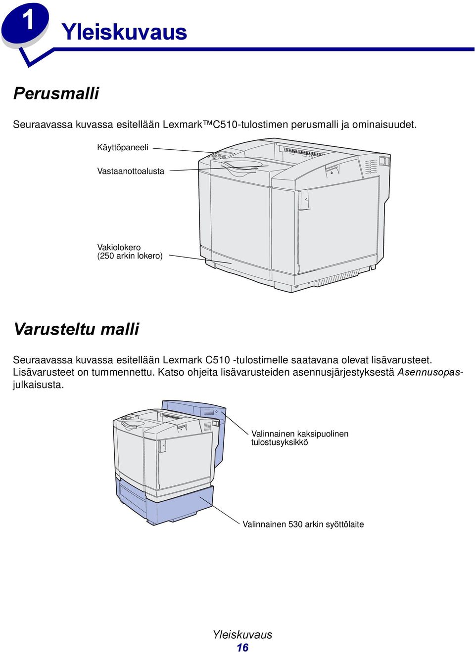 C510 -tulostimelle saatavana olevat lisävarusteet. Lisävarusteet on tummennettu.