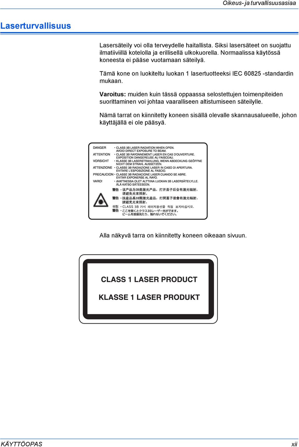 Tämä kone on luokiteltu luokan 1 lasertuotteeksi IEC 60825 -standardin mukaan.