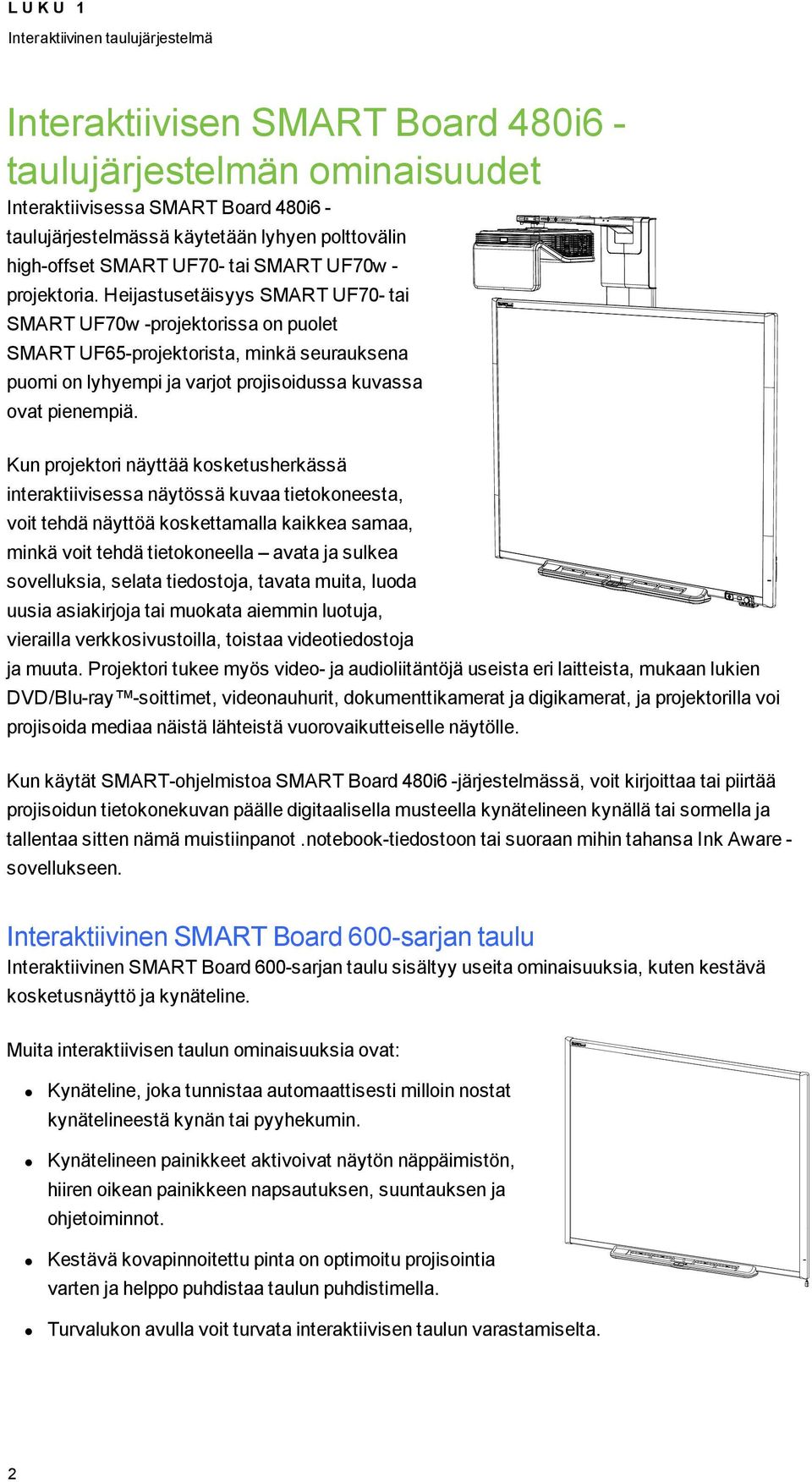 Heijastusetäisyys SMART UF70- tai SMART UF70w -projektorissa on puolet SMART UF65-projektorista, minkä seurauksena puomi on lyhyempi ja varjot projisoidussa kuvassa ovat pienempiä.