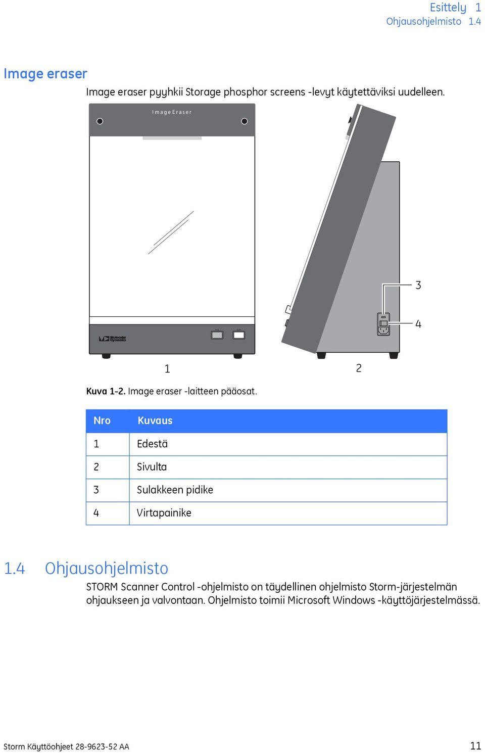 Image Eraser 3 4 1 2 Kuva 1-2. Image eraser -laitteen pääosat.