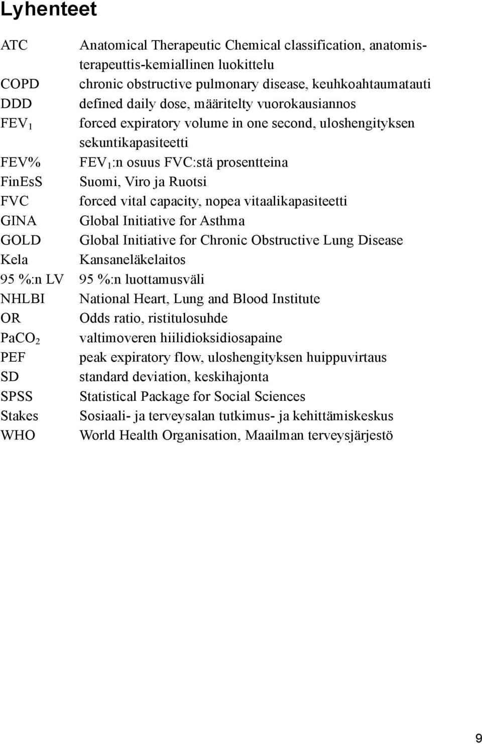 capacity, nopea vitaalikapasiteetti GINA Global Initiative for Asthma GOLD Global Initiative for Chronic Obstructive Lung Disease Kela Kansaneläkelaitos 95 %:n LV 95 %:n luottamusväli NHLBI National