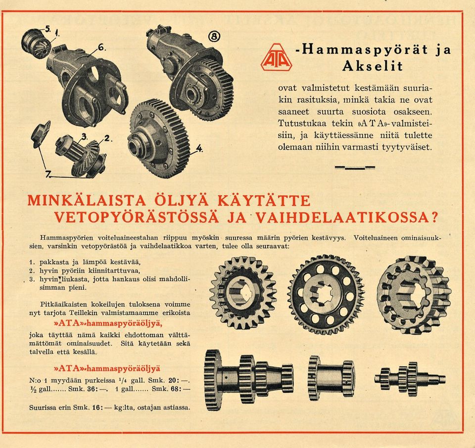 MNKÄLATA ÖLJYÄ KÄYTÄTTE VETOPYÖRÄTÖÄ JA VAHDELAATKOA Hammaspyörien voiteluaineestahan riippuu myöskin suuressa määrin pyörien kestävyys.