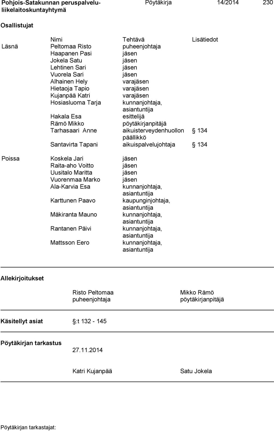 Santavirta Tapani aikuispalvelujohtaja 134 Poissa Koskela Jari jäsen Raita-aho Voitto jäsen Uusitalo Maritta jäsen Vuorenmaa Marko jäsen Ala-Karvia Esa kunnanjohtaja, asiantuntija Karttunen Paavo