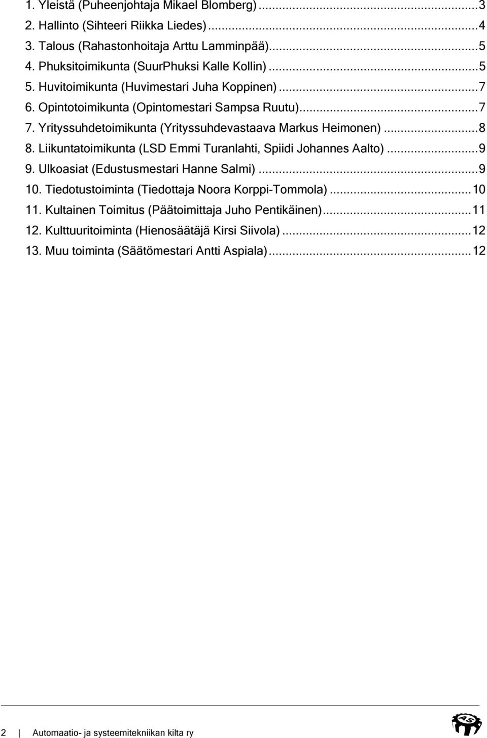 Liikuntatoimikunta (LSD Emmi Turanlahti, Spiidi Johannes Aalto)...9 9. Ulkoasiat (Edustusmestari Hanne Salmi)...9 10. Tiedotustoiminta (Tiedottaja Noora Korppi-Tommola)...10 11.