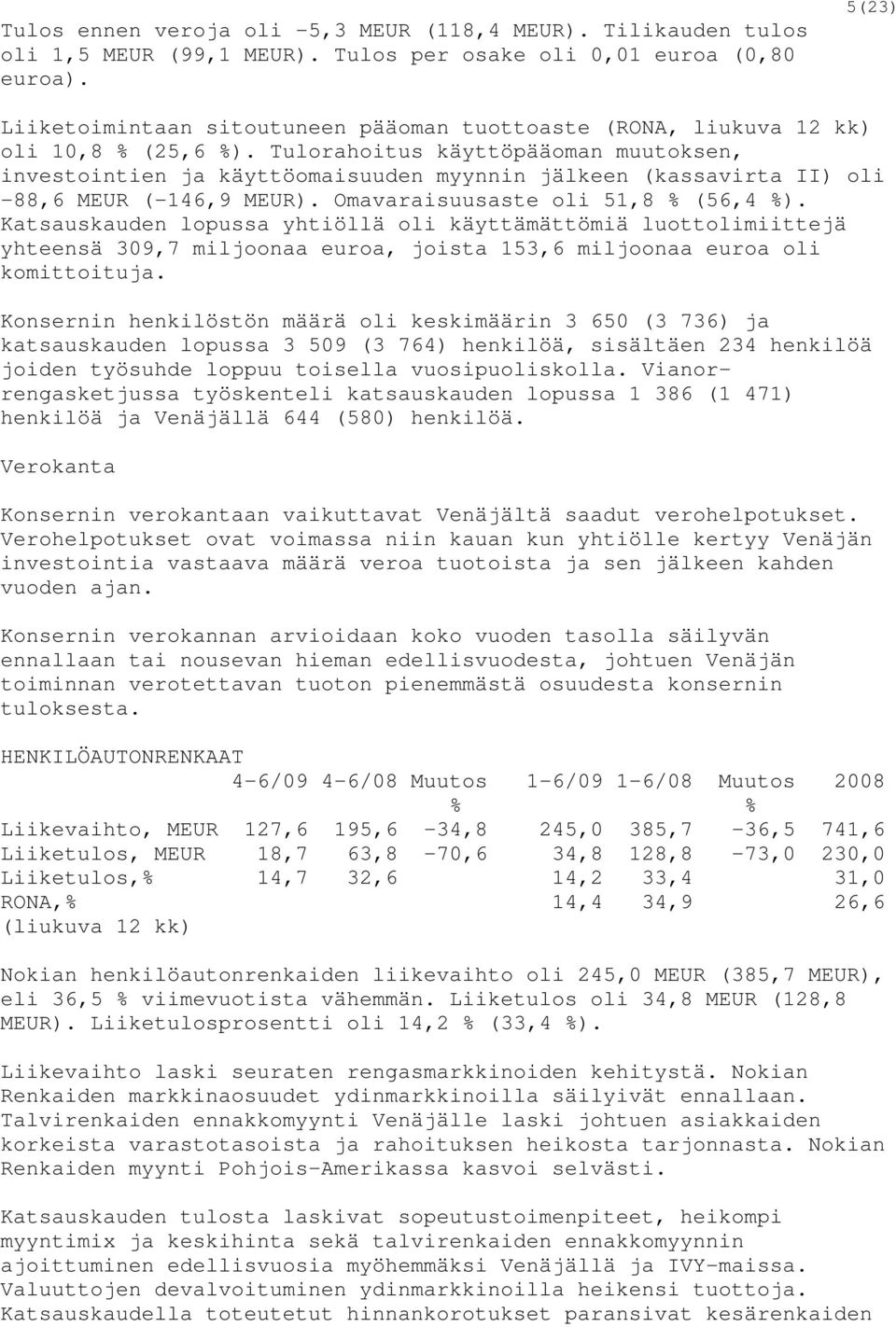 Tulorahoitus käyttöpääoman muutoksen, investointien ja käyttöomaisuuden myynnin jälkeen (kassavirta II) oli -88,6 MEUR (-146,9 MEUR). Omavaraisuusaste oli 51,8 % (56,4 %).