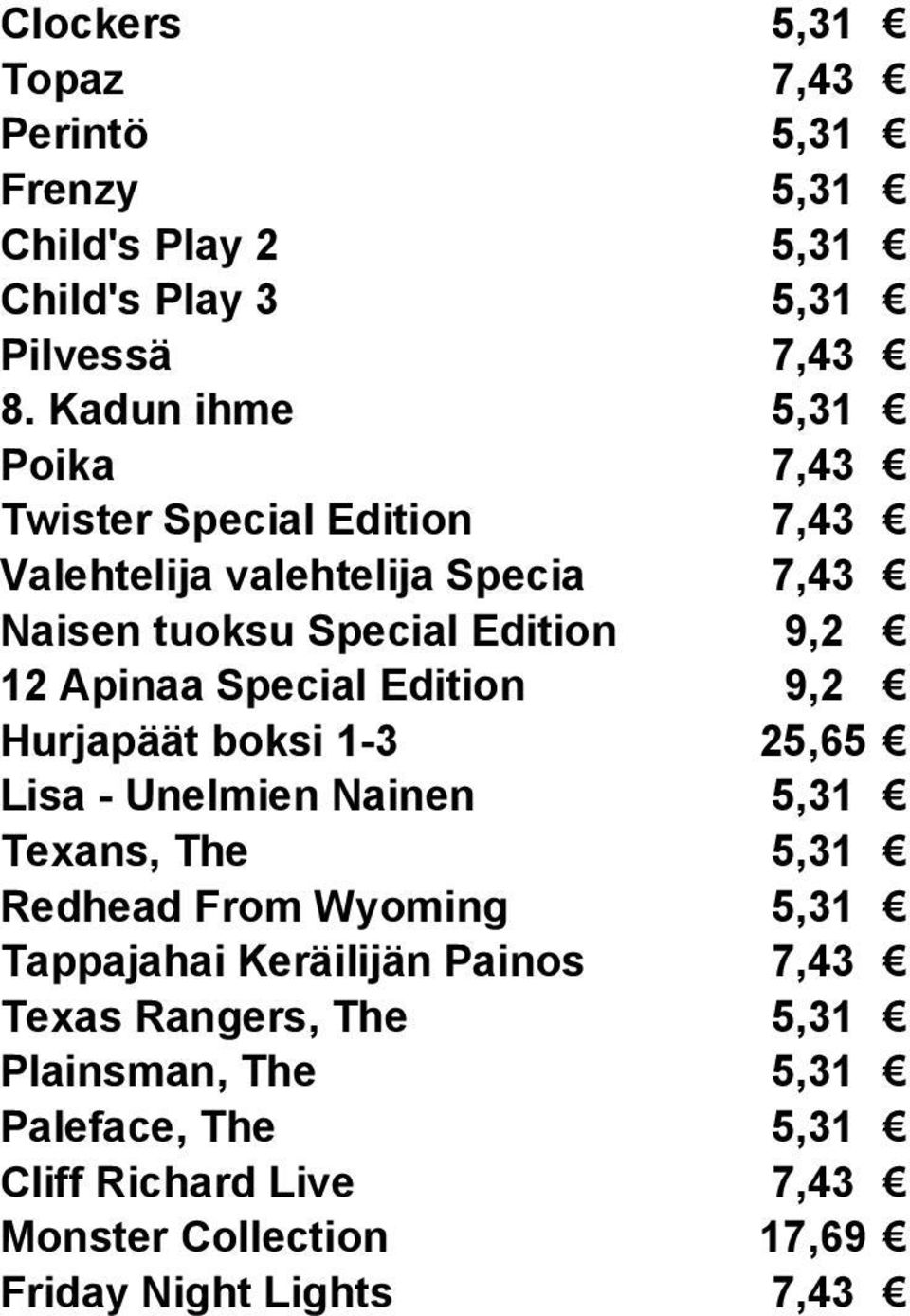 Apinaa Special Edition 9,2 Hurjapäät boksi 1-3 25,65 Lisa - Unelmien Nainen 5,31 Texans, The 5,31 Redhead From Wyoming 5,31