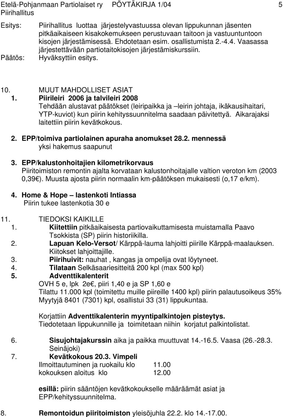 Piirileiri 2006 ja talvileiri 2008 Tehdään alustavat päätökset (leiripaikka ja leirin johtaja, ikäkausihaitari, YTP-kuviot) kun piirin kehityssuunnitelma saadaan päivitettyä.