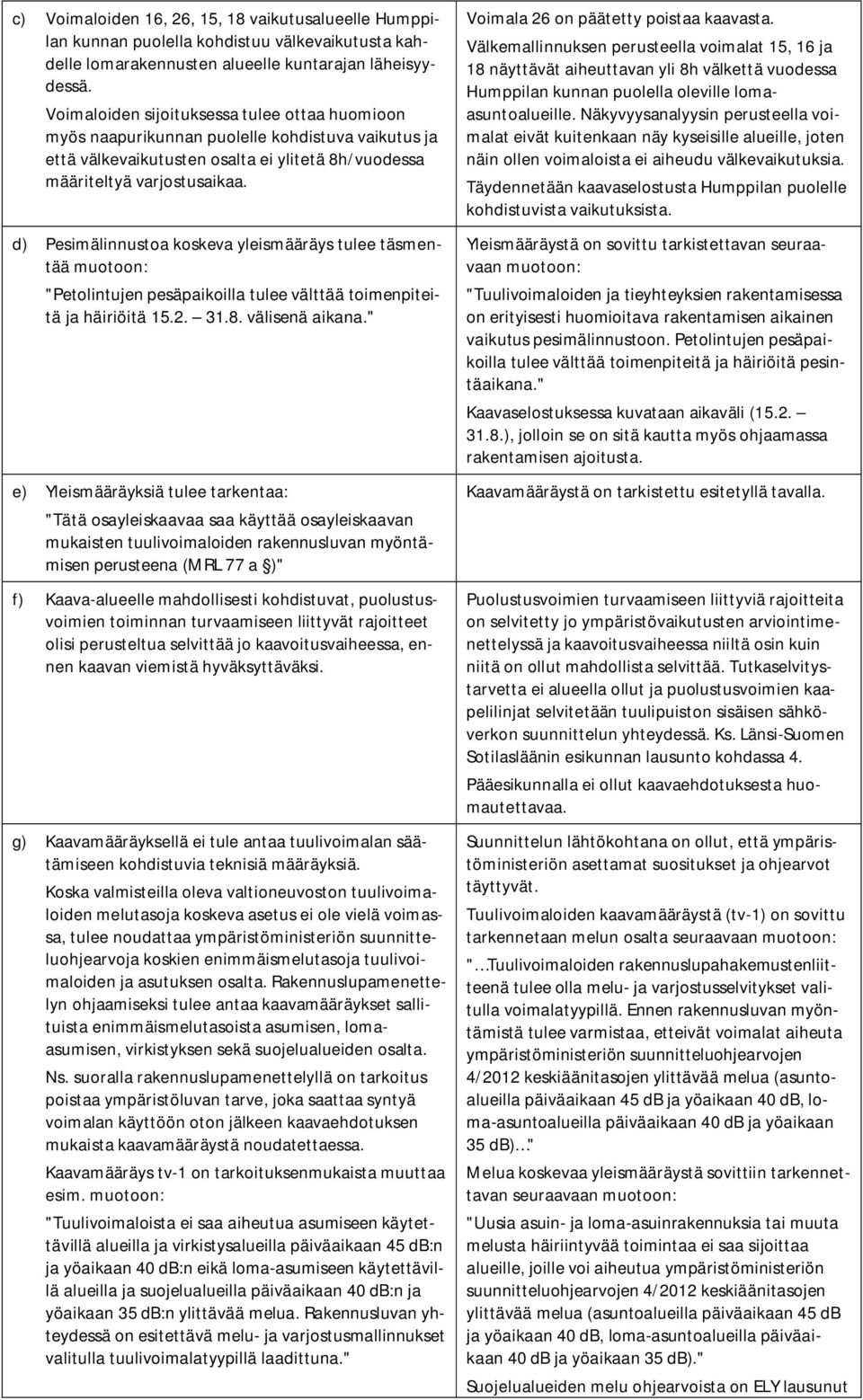 d) Pesimälinnustoa koskeva yleismääräys tulee täsmentää muotoon: "Petolintujen pesäpaikoilla tulee välttää toimenpiteitä ja häiriöitä 15.2. 31.8. välisenä aikana.