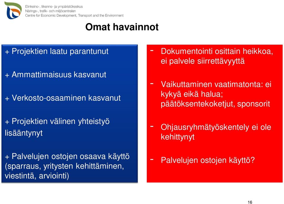 arviointi) - Dokumentointi osittain heikkoa, ei palvele siirrettävyyttä - Vaikuttaminen vaatimatonta: ei kykyä