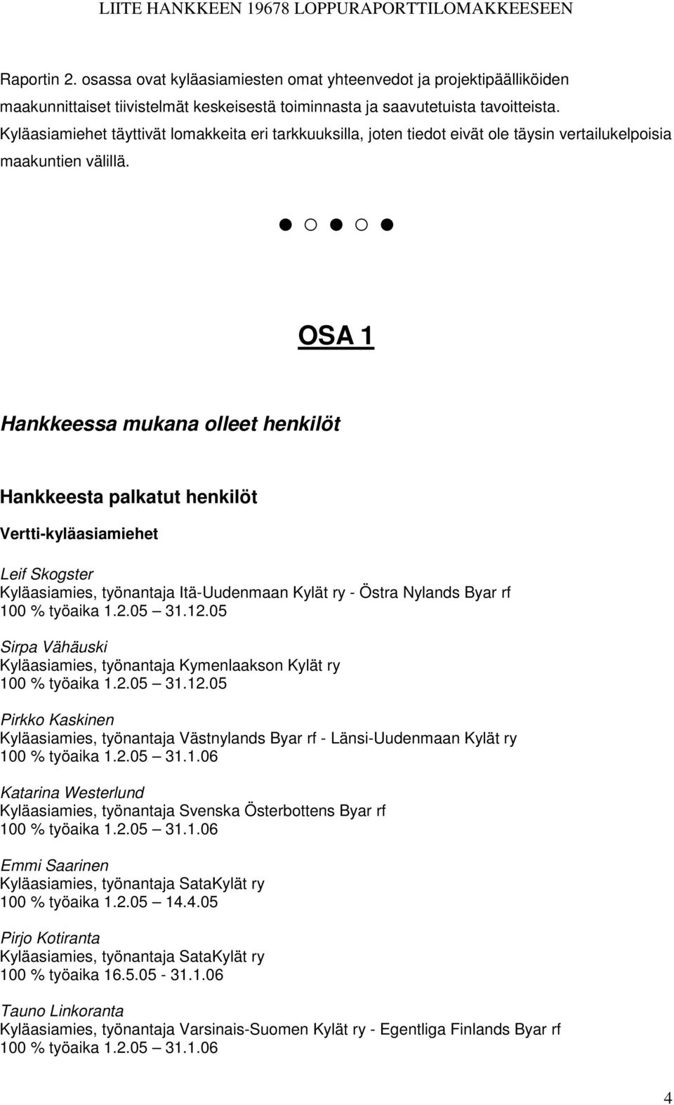 OSA 1 Hankkeessa mukana olleet henkilöt Hankkeesta palkatut henkilöt Vertti-kyläasiamiehet Leif Skogster Kyläasiamies, työnantaja Itä-Uudenmaan Kylät ry - Östra Nylands Byar rf 100 % työaika 1.2.