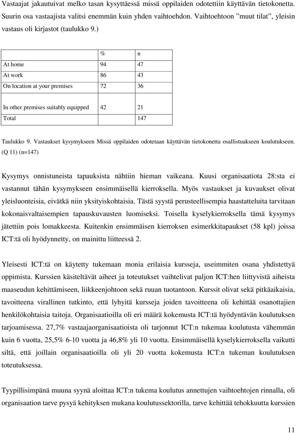 Vastaukset kysymykseen Missä oppilaiden odotetaan käyttävän tietokonetta osallistuakseen koulutukseen. (Q 11) (n=147) Kysymys onnistuneista tapauksista nähtiin hieman vaikeana.