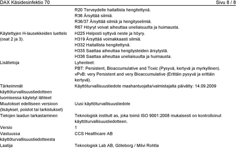 haitallista hengitettynä. R36 Ärsyttää silmiä. R36/37 Ärsyttää silmiä ja hengityselimiä. R67 Höyryt voivat aiheuttaa uneliaisuutta ja huimausta. H225 Helposti syttyvä neste ja höyry.