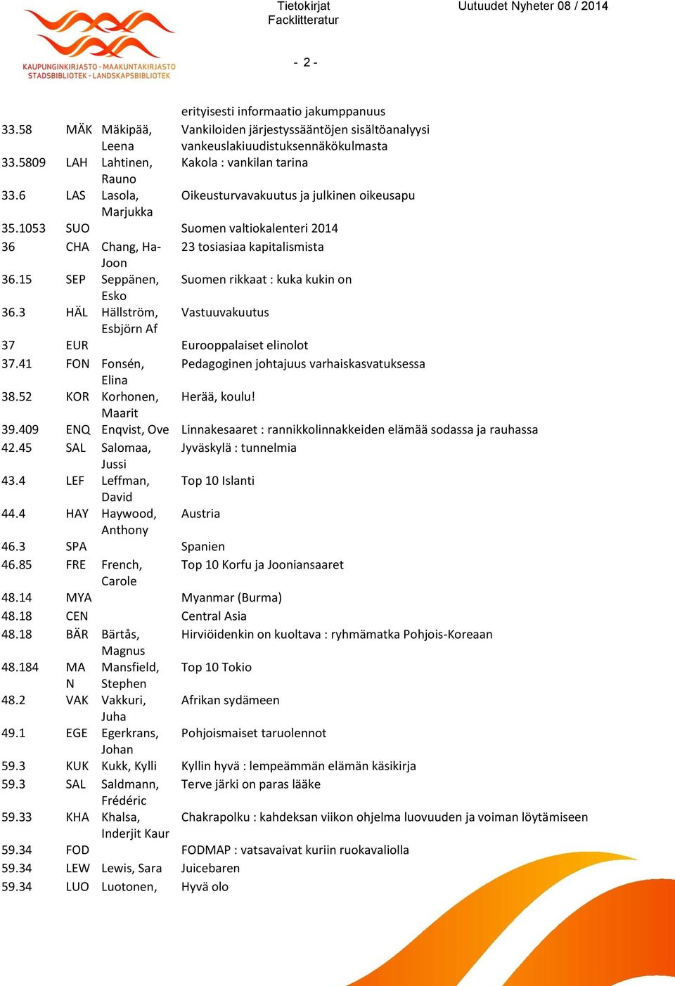 1053 SUO Suomen valtiokalenteri 2014 36 CHA Chang, Ha- 23 tosiasiaa kapitalismista Joon 36.15 SEP Seppänen, Suomen rikkaat : kuka kukin on Esko 36.