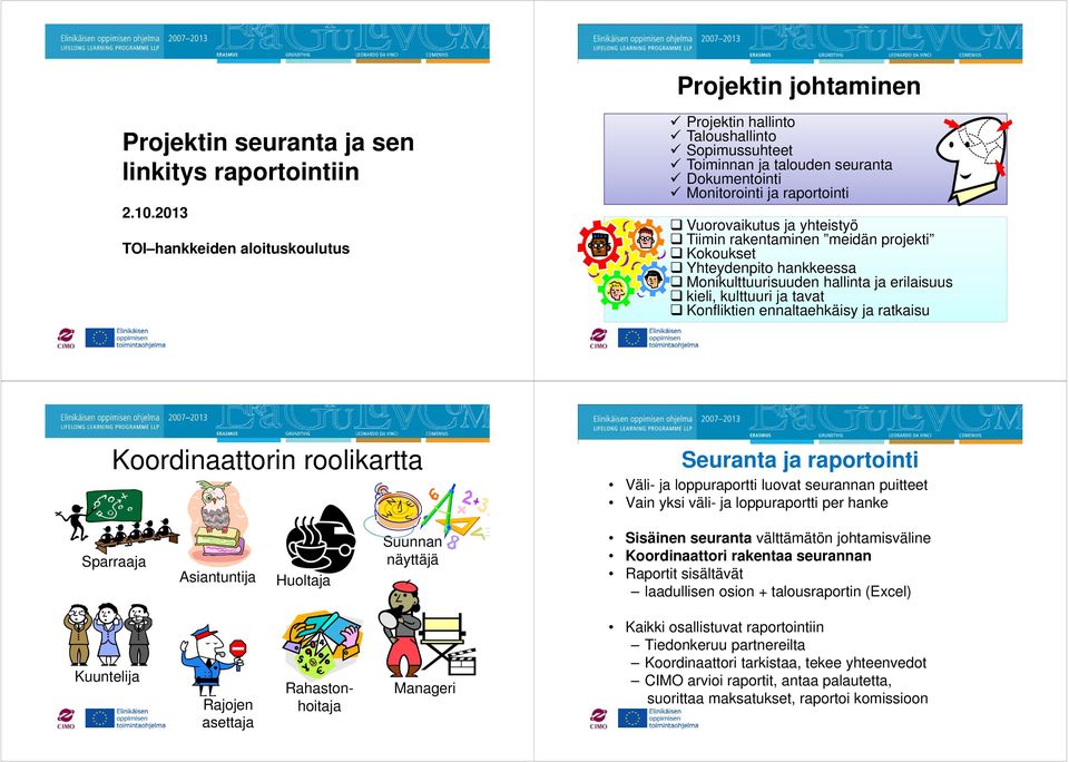 rakentaminen meidän projekti Kokoukset Yhteydenpito hankkeessa Monikulttuurisuuden hallinta ja erilaisuus kieli, kulttuuri ja tavat Konfliktien ennaltaehkäisy ja ratkaisu Koordinaattorin roolikartta