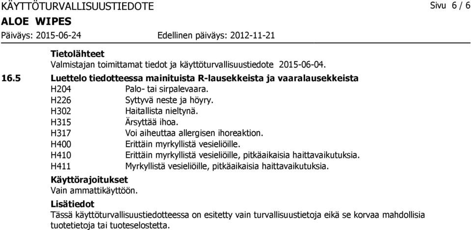 H317 Voi aiheuttaa allergisen ihoreaktion. H400 Erittäin myrkyllistä vesieliöille. H410 Erittäin myrkyllistä vesieliöille, pitkäaikaisia haittavaikutuksia.