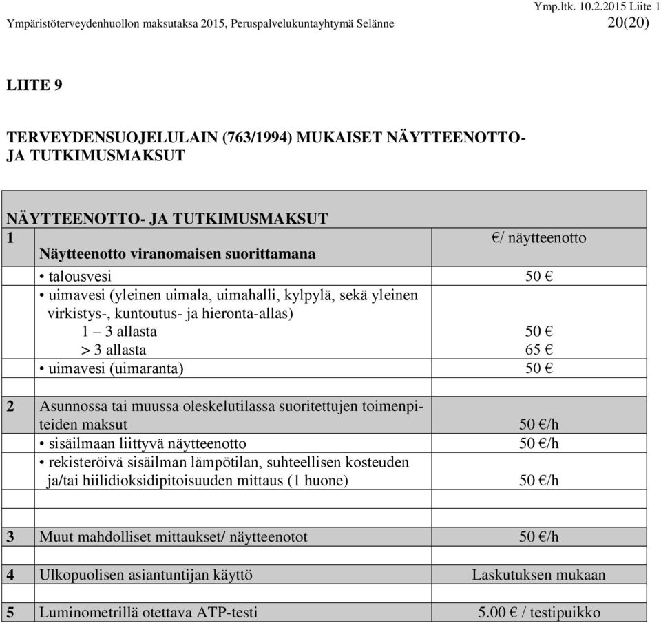 uimavesi (uimaranta) 50 2 Asunnossa tai muussa oleskelutilassa suoritettujen toimenpiteiden maksut sisäilmaan liittyvä näytteenotto rekisteröivä sisäilman lämpötilan, suhteellisen kosteuden ja/tai