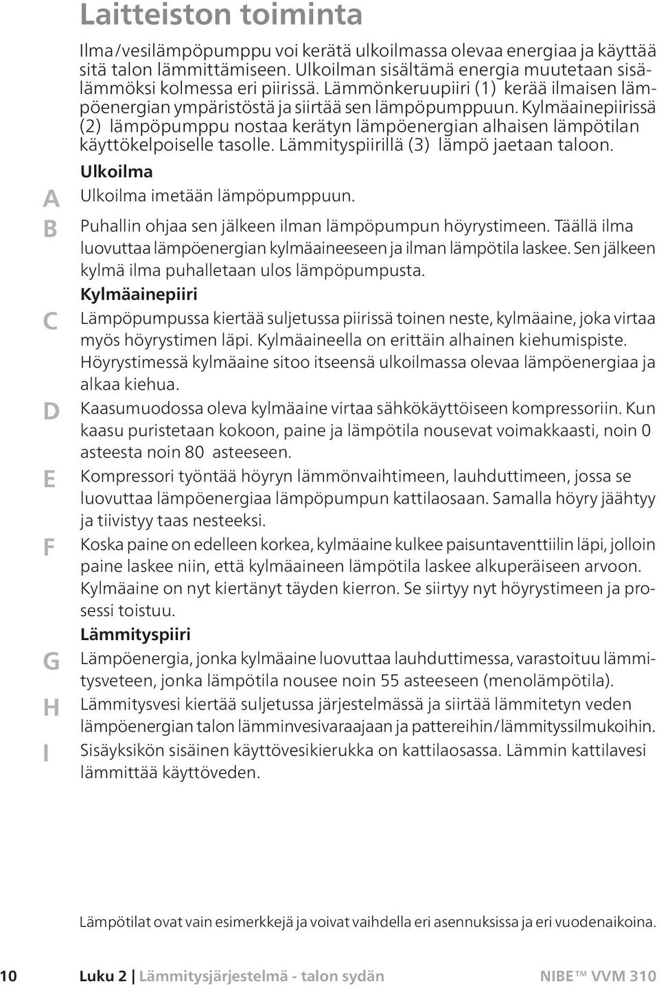 Kylmäainepiirissä (2) lämpöpumppu nostaa kerätyn lämpöenergian alhaisen lämpötilan käyttökelpoiselle tasolle. Lämmityspiirillä (3) lämpö jaetaan taloon. Ulkoilma Ulkoilma imetään lämpöpumppuun.