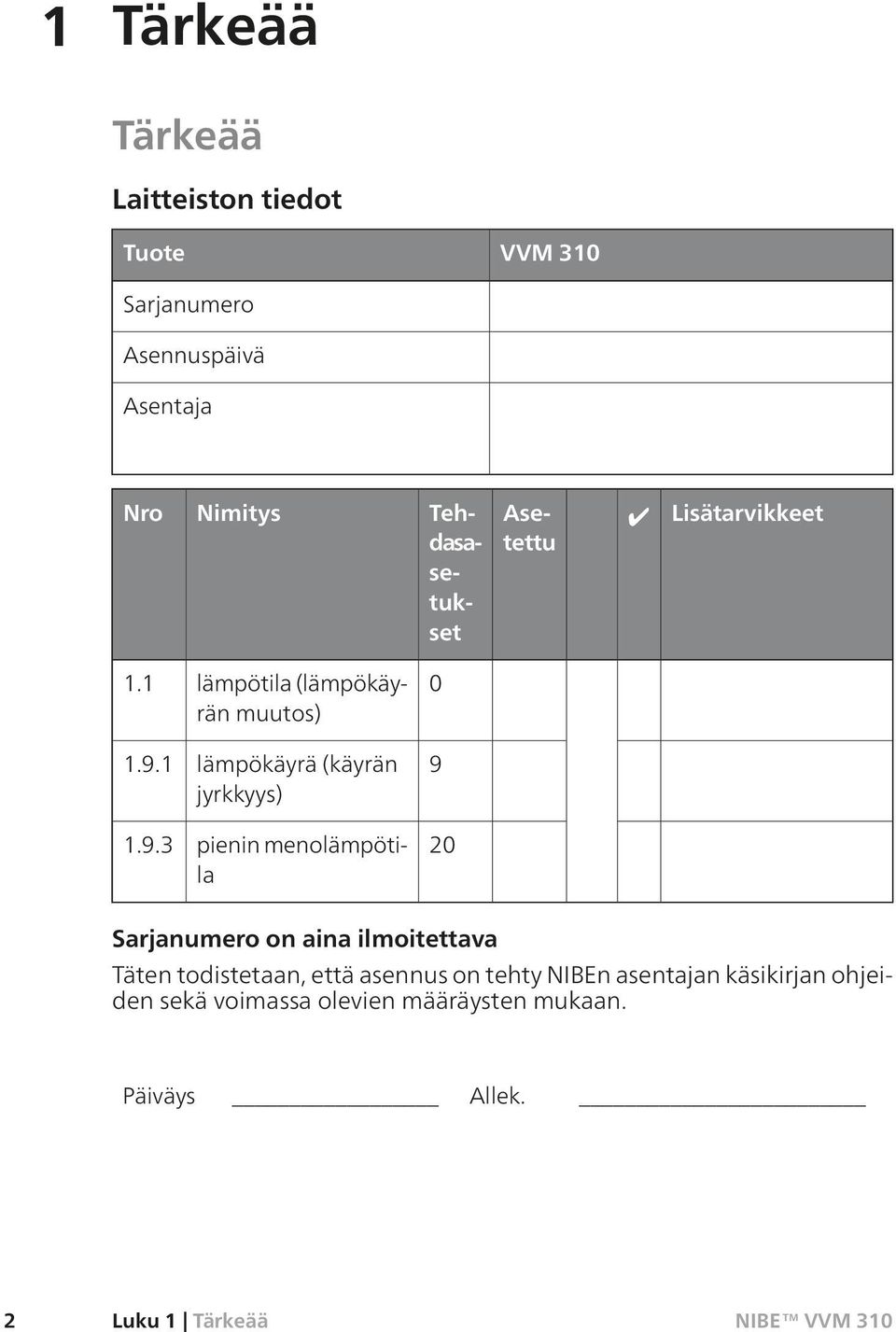 1 lämpökäyrä (käyrän jyrkkyys) 9 