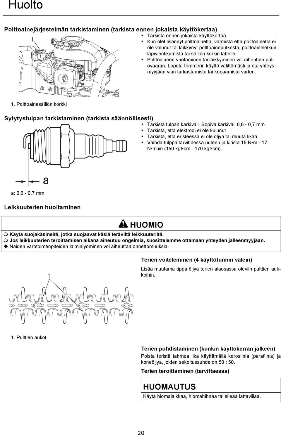 Polttoaineen vuotaminen tai läikkyminen voi aiheuttaa palovaaran. Lopeta trimmerin käyttö välittömästi ja ota yhteys myyjään vian tarkastamista tai korjaamista varten. 1.