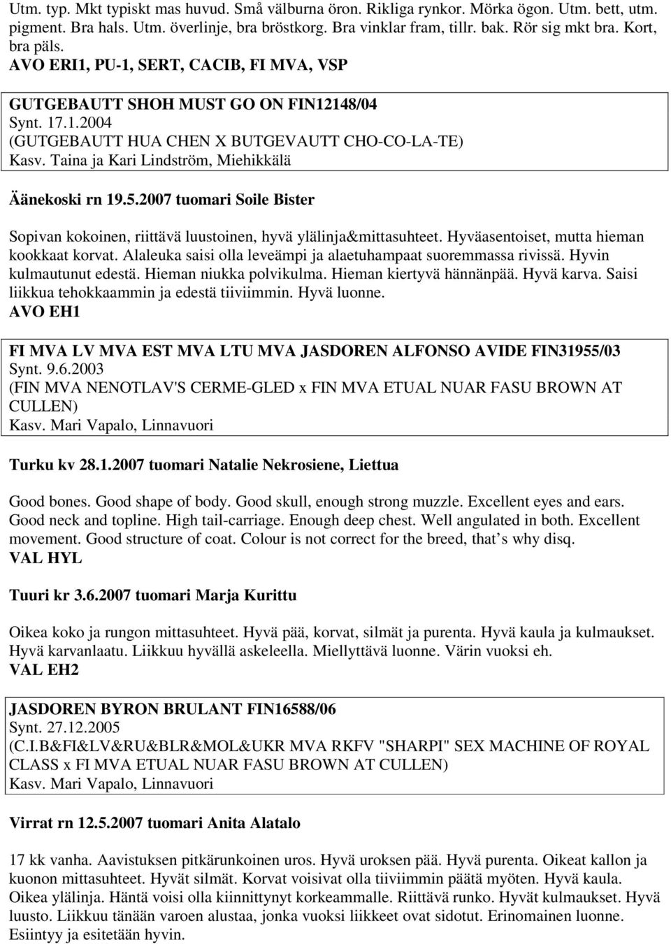 Taina ja Kari Lindström, Miehikkälä Äänekoski rn 19.5.2007 tuomari Soile Bister Sopivan kokoinen, riittävä luustoinen, hyvä ylälinja&mittasuhteet. Hyväasentoiset, mutta hieman kookkaat korvat.