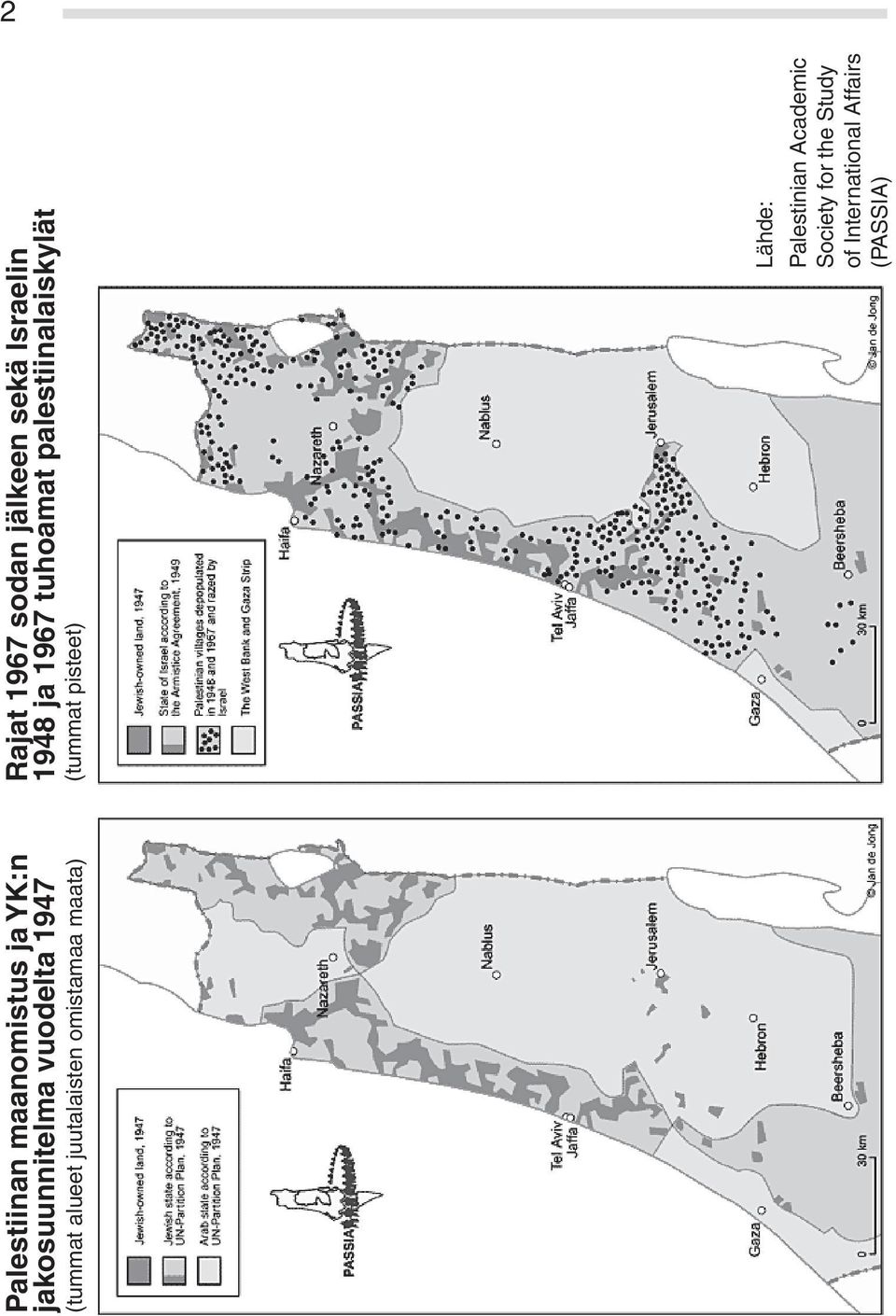 Israelin 1948 ja 1967 tuhoamat palestiinalaiskylät (tummat pisteet)