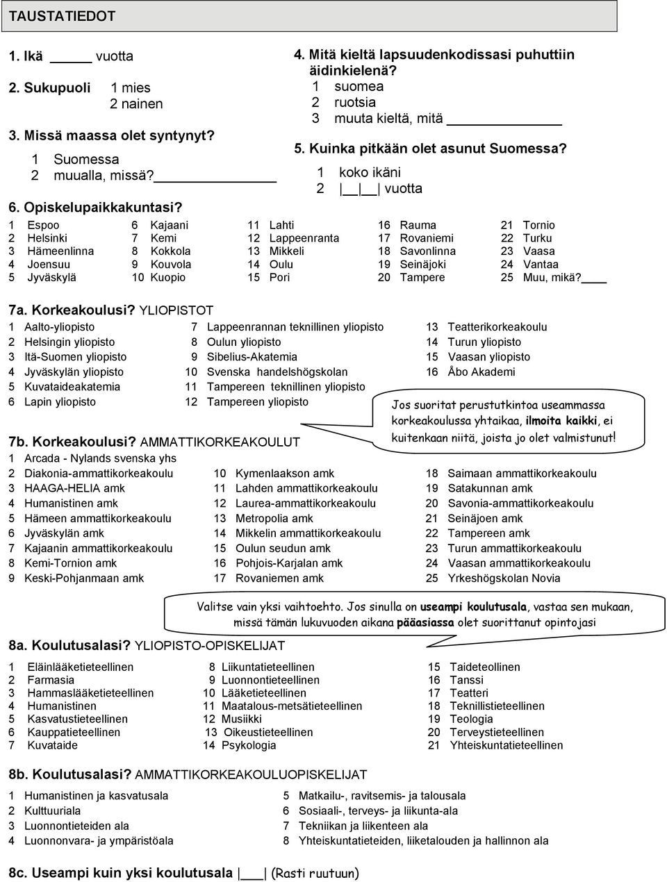 1 Espoo 6 Kajaani 11 Lahti 16 Rauma 21 Tornio 2 Helsinki 7 Kemi 12 Lappeenranta 17 Rovaniemi 22 Turku 3 Hämeenlinna 8 Kokkola 13 Mikkeli 18 Savonlinna 23 Vaasa 4 Joensuu 9 Kouvola 14 Oulu 19