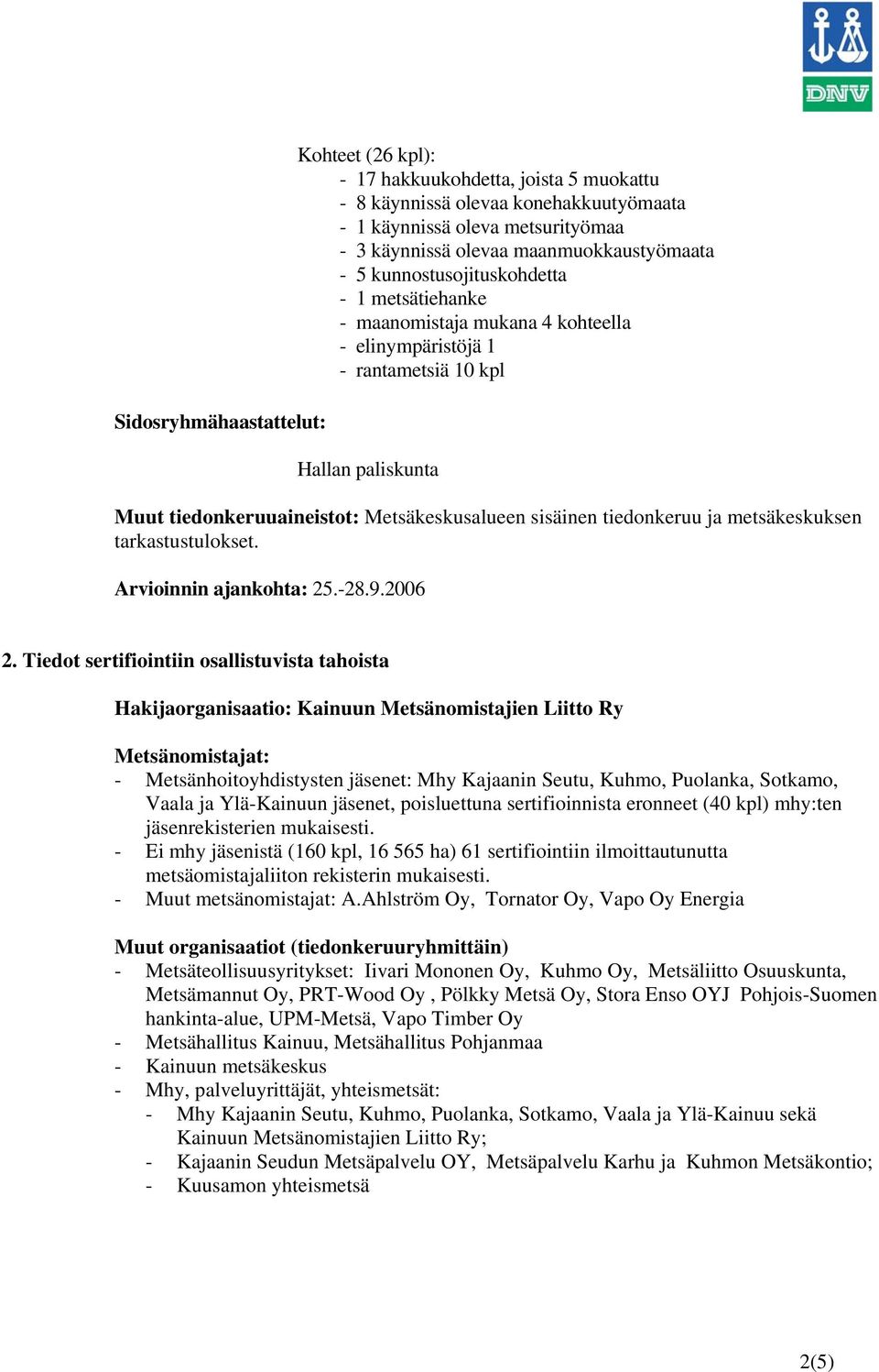 tiedonkeruu ja metsäkeskuksen tarkastustulokset. Arvioinnin ajankohta: 25.-28.9.2006 2.