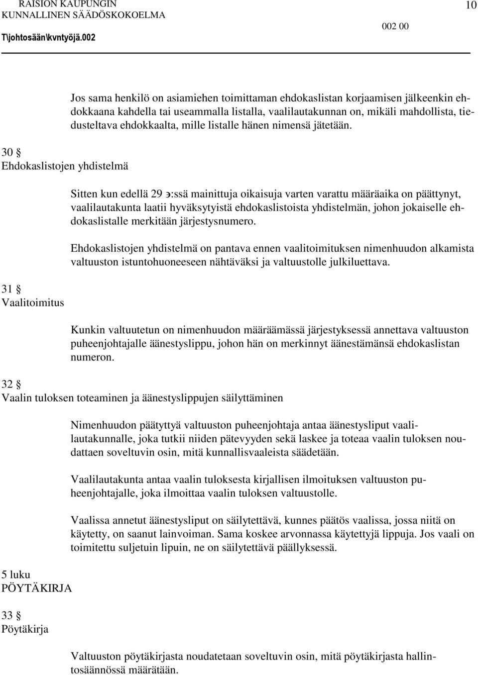 Sitten kun edellä 29 :ssä mainittuja oikaisuja varten varattu määräaika on päättynyt, vaalilautakunta laatii hyväksytyistä ehdokaslistoista yhdistelmän, johon jokaiselle ehdokaslistalle merkitään