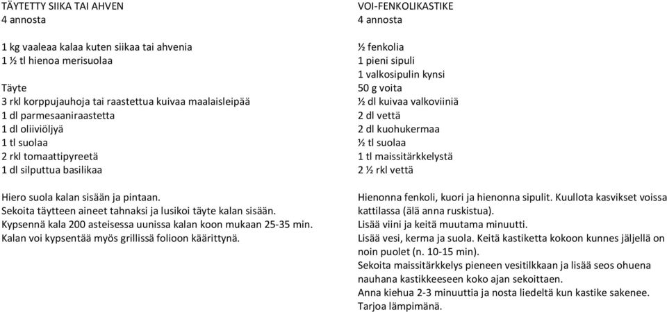 Kypsennä kala 200 asteisessa uunissa kalan koon mukaan 25-35 min. Kalan voi kypsentää myös grillissä folioon käärittynä.