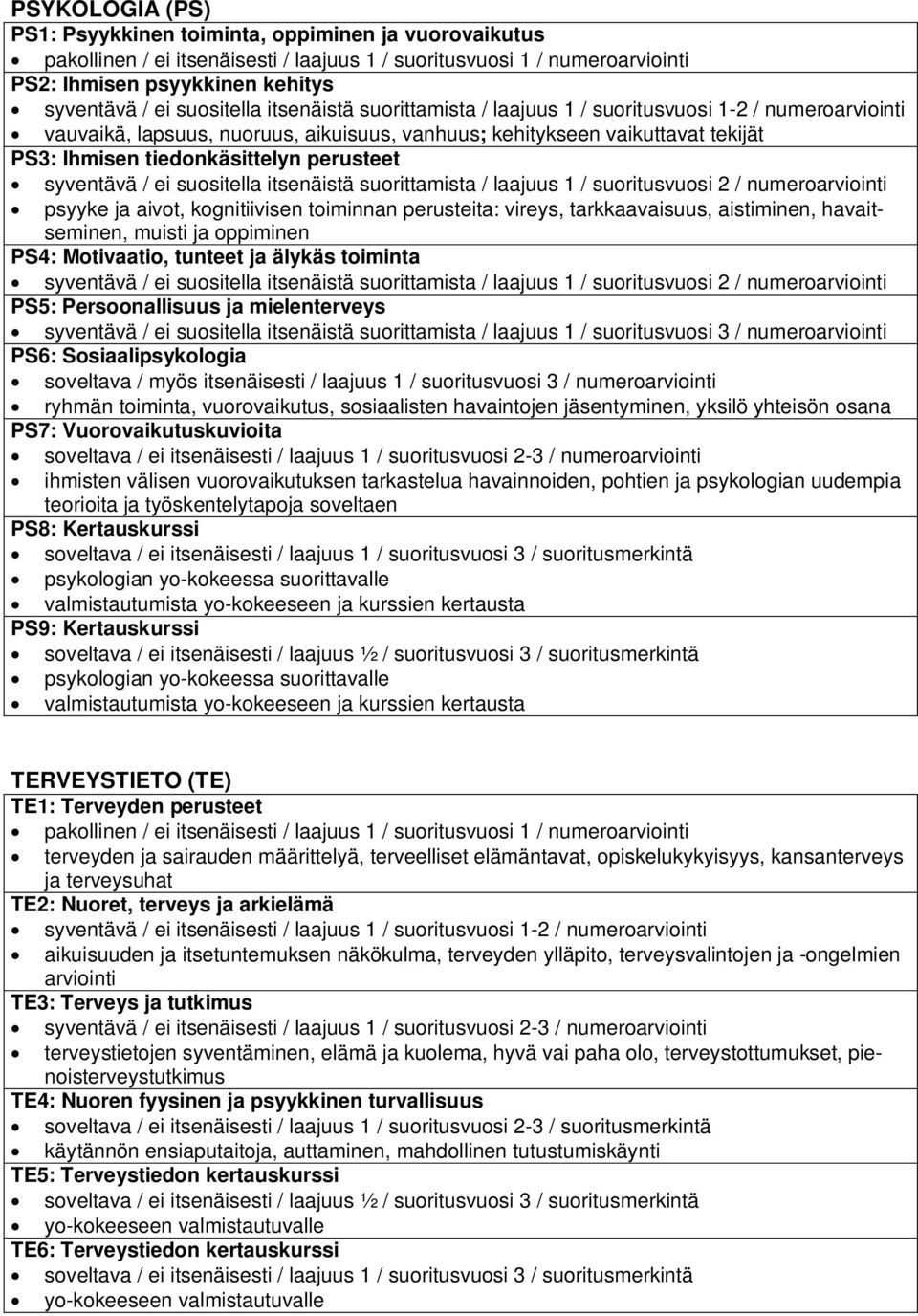 tarkkaavaisuus, aistiminen, havaitseminen, muisti ja oppiminen PS4: Motivaatio, tunteet ja älykäs toiminta PS5: Persoonallisuus ja mielenterveys PS6: Sosiaalipsykologia soveltava / myös itsenäisesti