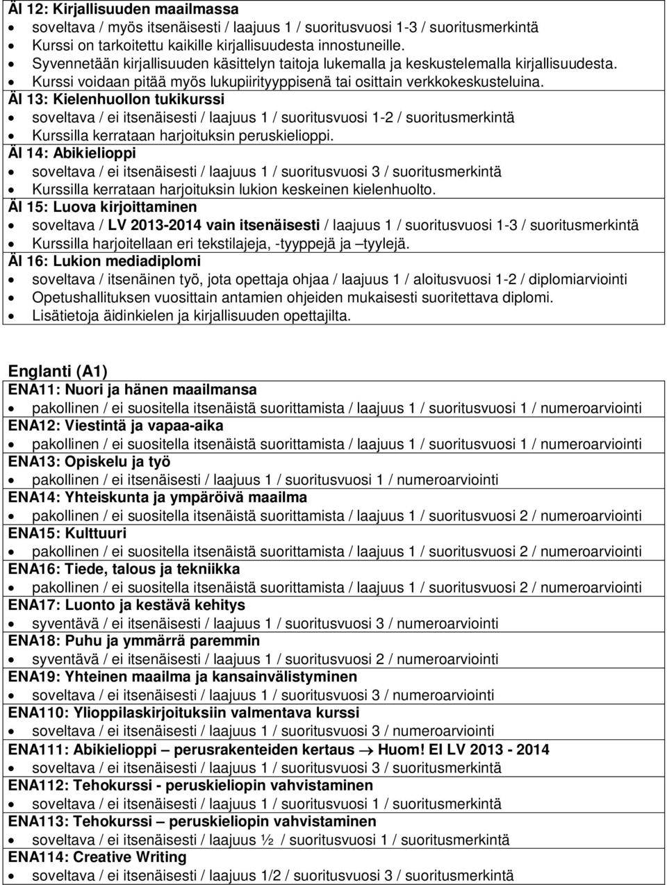 ÄI 13: Kielenhuollon tukikurssi soveltava / ei itsenäisesti / laajuus 1 / suoritusvuosi 1-2 / suoritusmerkintä Kurssilla kerrataan harjoituksin peruskielioppi.