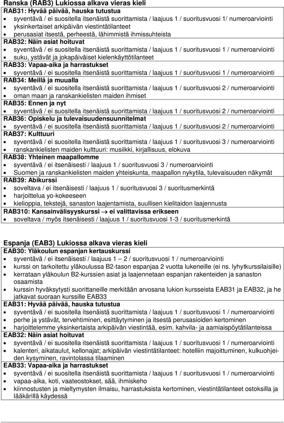 harrastukset RAB34: Meillä ja muualla oman maan ja ranskankielisten maiden ihmiset RAB35: Ennen ja nyt RAB36: Opiskelu ja tulevaisuudensuunnitelmat RAB37: Kulttuuri ranskankielisten maiden kulttuuri: