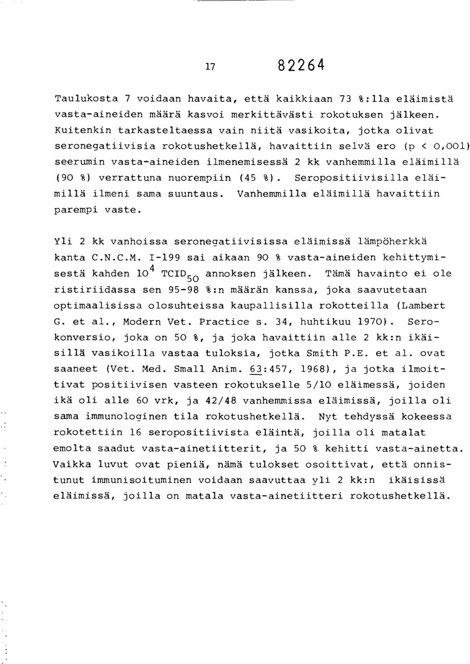 verrattuna nuorempiin (45 %). Seropositiivisilla eläimillä ilmeni sama suuntaus. Vanhemmilla eläimillä havaittiin parempi vaste. Yli 2 kk vanhoissa seroneaatiivisissa eläimissä lämpöherkkä kanta C.N.