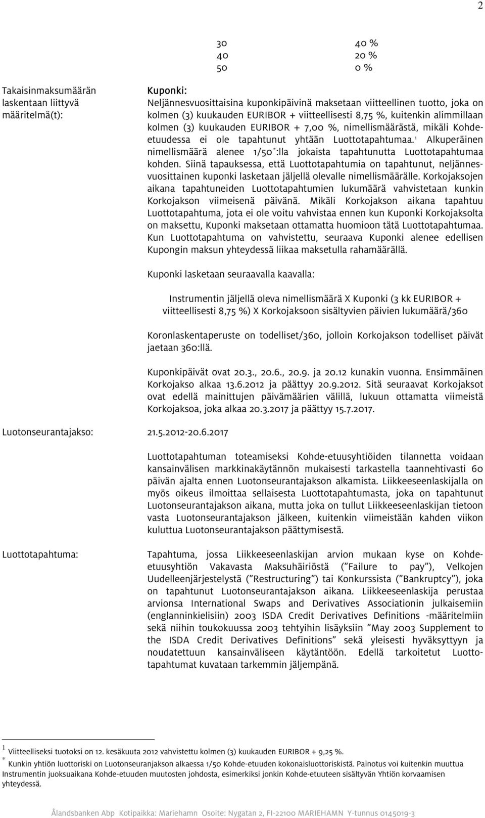 1 Alkuperäinen nimellismäärä alenee 1/50 * :lla jokaista tapahtunutta Luottotapahtumaa kohden.