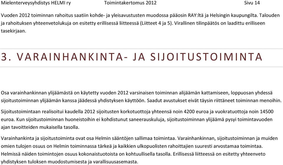 VARAINHANKINTA- JA SIJOITUSTOIMINTA Osa varainhankinnan ylijäämästä on käytetty vuoden 2012 varsinaisen toiminnan alijäämän kattamiseen, loppuosan yhdessä sijoitustoiminnan ylijäämän kanssa jäädessä