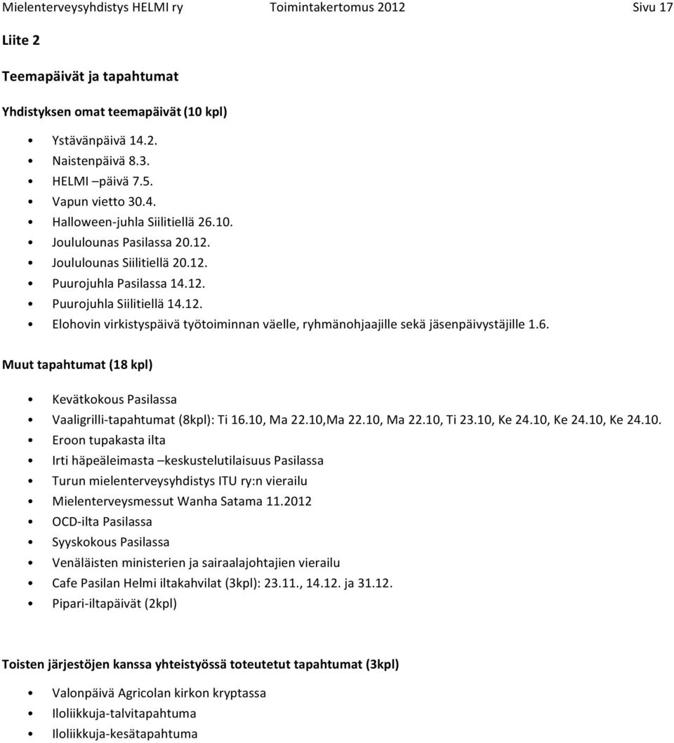 6. Muut tapahtumat (18 kpl) Kevätkokous Pasilassa Vaaligrilli- tapahtumat (8kpl): Ti 16.10,