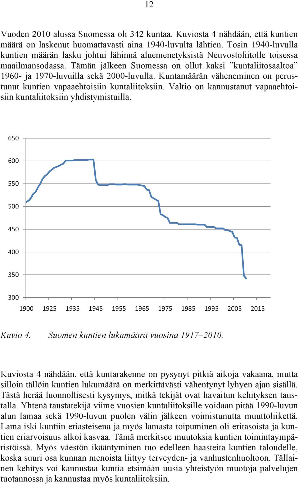 Tämän jälkeen Suomessa on ollut kaksi kuntaliitosaaltoa 1960- ja 1970-luvuilla sekä 2000-luvulla. Kuntamäärän väheneminen on perustunut kuntien vapaaehtoisiin kuntaliitoksiin.