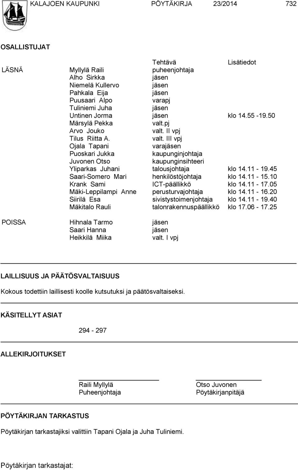 11-19.45 Saari-Somero Mari henkilöstöjohtaja klo 14.11-15.10 Krank Sami ICT-päällikkö klo 14.11-17.05 Mäki-Leppilampi Anne perusturvajohtaja klo 14.11-16.20 Siirilä Esa sivistystoimenjohtaja klo 14.