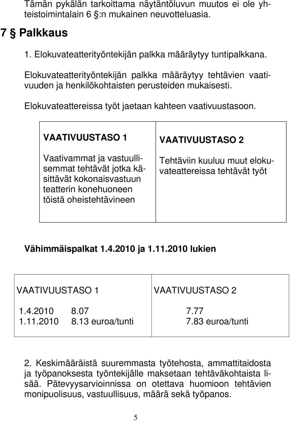 VAATIVUUSTASO 1 Vaativammat ja vastuullisemmat tehtävät jotka käsittävät kokonaisvastuun teatterin konehuoneen töistä oheistehtävineen VAATIVUUSTASO 2 Tehtäviin kuuluu muut elokuvateattereissa