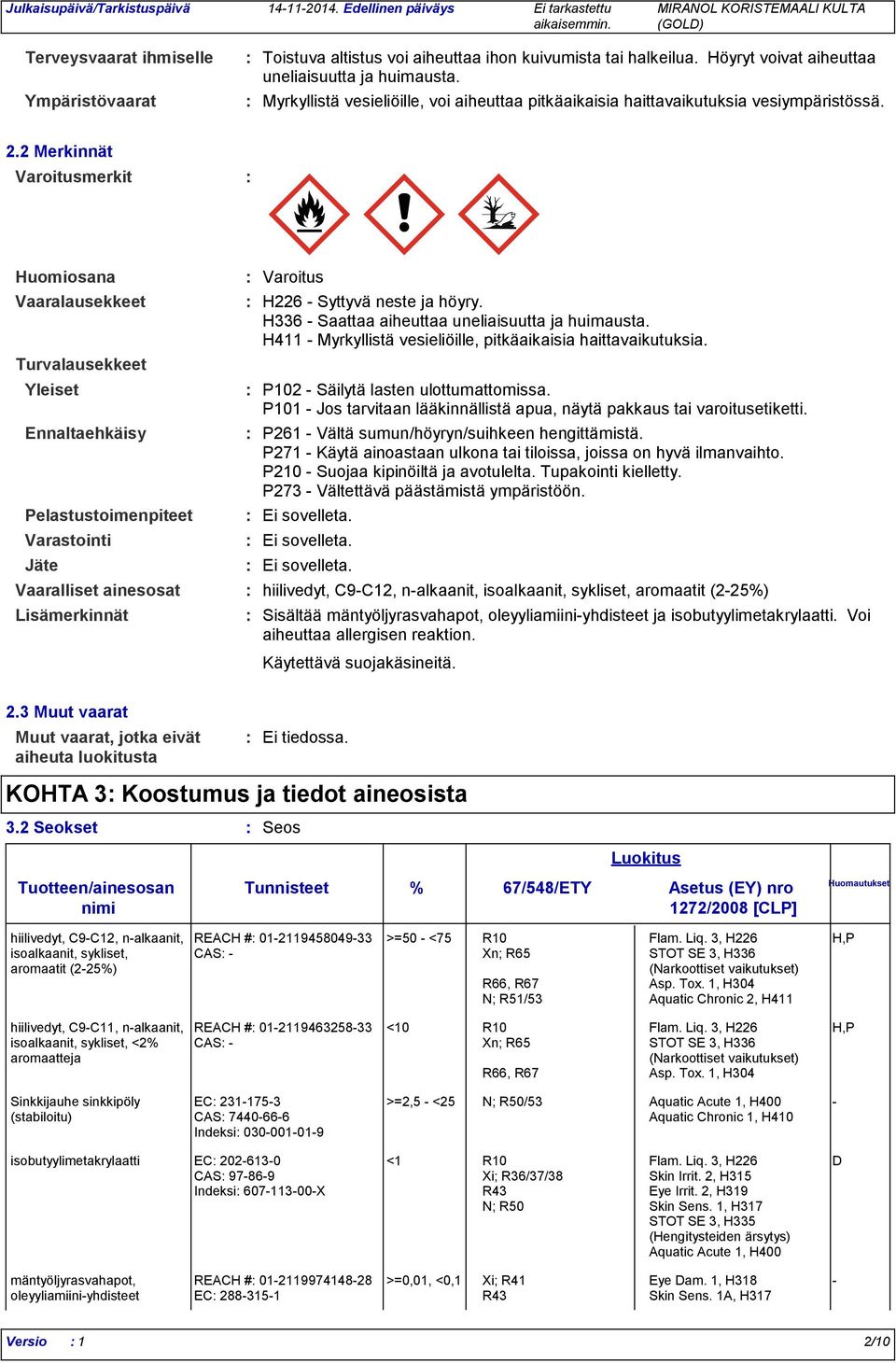 2 Merkinnät Varoitusmerkit Huomiosana Vaaralausekkeet Turvalausekkeet Yleiset Ennaltaehkäisy Pelastustoimenpiteet Varastointi Jäte Lisämerkinnät Varoitus H226 - Syttyvä neste ja höyry.