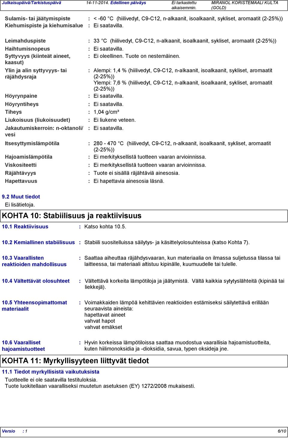 Räjähtävyys Hapettavuus 33 C (hiilivedyt, C9-C12, n-alkaanit, isoalkaanit, sykliset, aromaatit (2-25%)) Ei oleellinen. Tuote on nestemäinen.