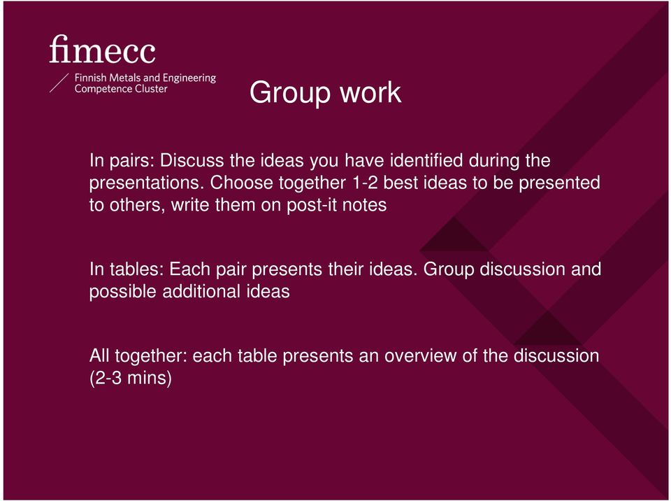 notes In tables: Each pair presents their ideas.