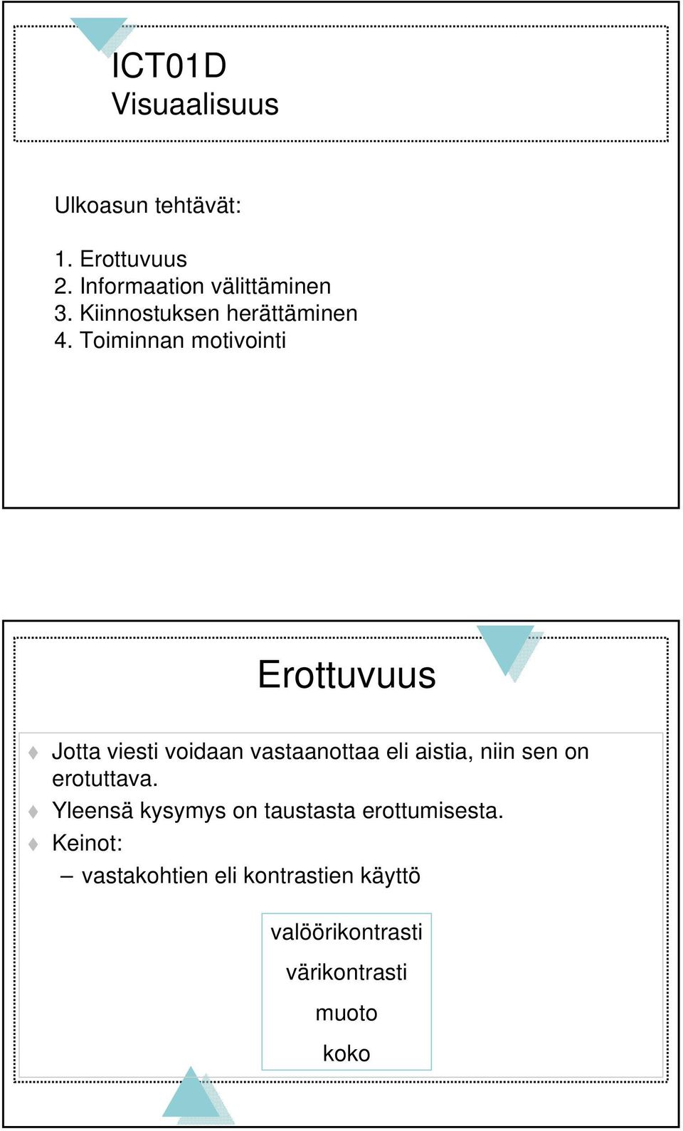 Toiminnan motivointi Erottuvuus Jotta viesti voidaan vastaanottaa eli aistia, niin sen