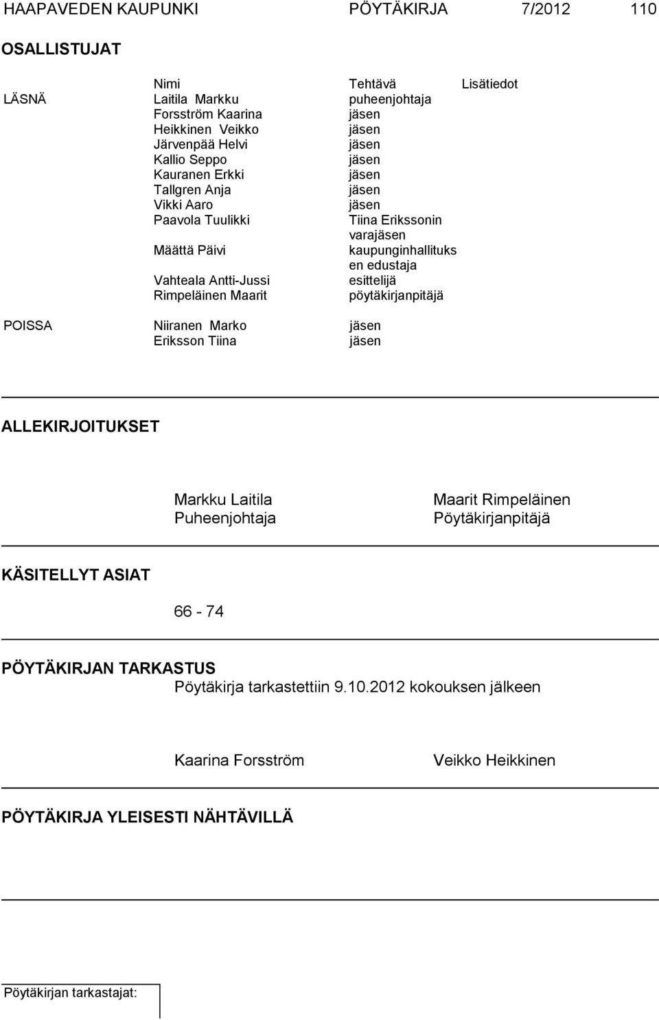 esittelijä Rimpeläinen Maarit pöytäkirjanpitäjä POISSA Niiranen Marko Eriksson Tiina ALLEKIRJOITUKSET Markku Laitila Puheenjohtaja Maarit Rimpeläinen