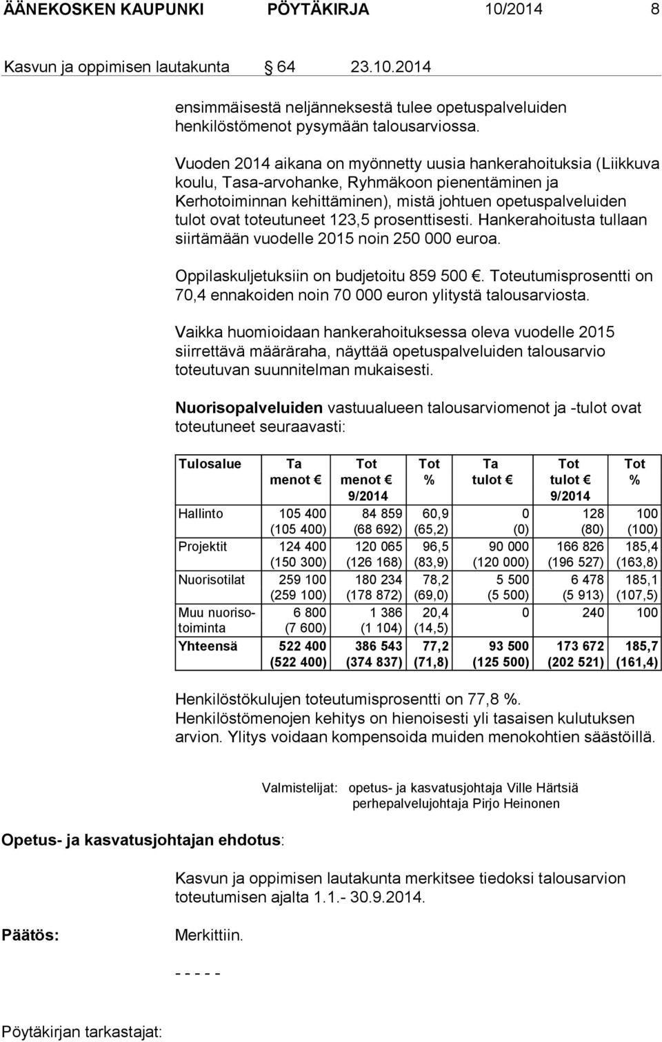 123,5 prosenttisesti. Hankerahoitusta tullaan siirtämään vuodelle 2015 noin 250 000 euroa. Oppilaskuljetuksiin on budjetoitu 859 500.